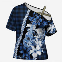 Hawaii Ukulele Cross Shoulder Shirt Tropical Flowers With Palaka Effect Blue Version LT05 Female Blue - Polynesian Pride