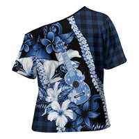 Hawaii Ukulele Cross Shoulder Shirt Tropical Flowers With Palaka Effect Blue Version LT05 - Polynesian Pride