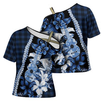 Hawaii Ukulele Cross Shoulder Shirt Tropical Flowers With Palaka Effect Blue Version LT05 - Polynesian Pride