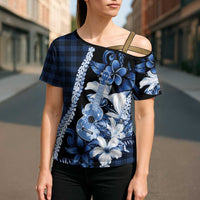 Hawaii Ukulele Cross Shoulder Shirt Tropical Flowers With Palaka Effect Blue Version LT05 - Polynesian Pride