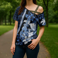 Hawaii Ukulele Cross Shoulder Shirt Tropical Flowers With Palaka Effect Blue Version LT05 - Polynesian Pride
