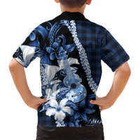 Hawaii Ukulele Family Matching Long Sleeve Bodycon Dress and Hawaiian Shirt Tropical Flowers With Palaka Effect Blue Version - Polynesian Pride