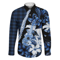 Hawaii Ukulele Family Matching Long Sleeve Bodycon Dress and Hawaiian Shirt Tropical Flowers With Palaka Effect Blue Version - Polynesian Pride