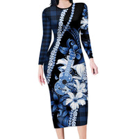 Hawaii Ukulele Family Matching Long Sleeve Bodycon Dress and Hawaiian Shirt Tropical Flowers With Palaka Effect Blue Version - Polynesian Pride