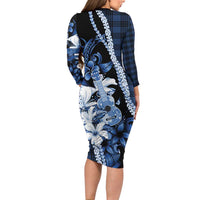 Hawaii Ukulele Family Matching Long Sleeve Bodycon Dress and Hawaiian Shirt Tropical Flowers With Palaka Effect Blue Version - Polynesian Pride