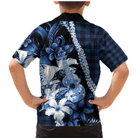 Hawaii Ukulele Family Matching Mermaid Dress and Hawaiian Shirt Tropical Flowers With Palaka Effect Blue Version - Polynesian Pride