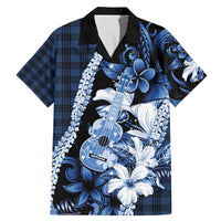 Hawaii Ukulele Family Matching Mermaid Dress and Hawaiian Shirt Tropical Flowers With Palaka Effect Blue Version - Polynesian Pride