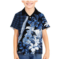Hawaii Ukulele Family Matching Mermaid Dress and Hawaiian Shirt Tropical Flowers With Palaka Effect Blue Version LT05 Son's Shirt Blue - Polynesian Pride