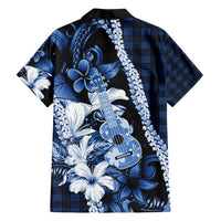 Hawaii Ukulele Family Matching Puletasi and Hawaiian Shirt Tropical Flowers With Palaka Effect Blue Version - Polynesian Pride