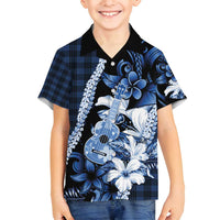 Hawaii Ukulele Family Matching Puletasi and Hawaiian Shirt Tropical Flowers With Palaka Effect Blue Version - Polynesian Pride