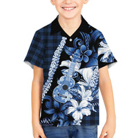 Hawaii Ukulele Family Matching Puletasi and Hawaiian Shirt Tropical Flowers With Palaka Effect Blue Version LT05 Son's Shirt Blue - Polynesian Pride