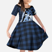 Hawaii Ukulele Family Matching Short Sleeve Bodycon Dress and Hawaiian Shirt Tropical Flowers With Palaka Effect Blue Version - Polynesian Pride