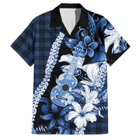 Hawaii Ukulele Family Matching Short Sleeve Bodycon Dress and Hawaiian Shirt Tropical Flowers With Palaka Effect Blue Version - Polynesian Pride