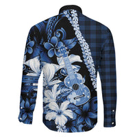 Hawaii Ukulele Family Matching Summer Maxi Dress and Hawaiian Shirt Tropical Flowers With Palaka Effect Blue Version LT05 - Polynesian Pride