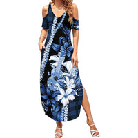 Hawaii Ukulele Family Matching Summer Maxi Dress and Hawaiian Shirt Tropical Flowers With Palaka Effect Blue Version - Polynesian Pride