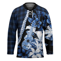 Hawaii Ukulele Hockey Jersey Tropical Flowers With Palaka Effect Blue Version LT05 Unisex Blue - Polynesian Pride