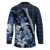 Hawaii Ukulele Hockey Jersey Tropical Flowers With Palaka Effect Blue Version - Polynesian Pride