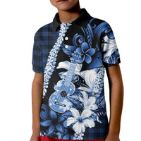 Hawaii Ukulele Kid Polo Shirt Tropical Flowers With Palaka Effect Blue Version LT05 Kid Blue - Polynesian Pride