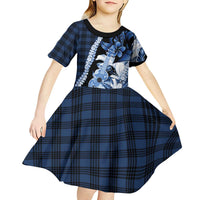 Hawaii Ukulele Kid Short Sleeve Dress Tropical Flowers With Palaka Effect Blue Version LT05 - Polynesian Pride