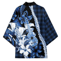 Hawaii Ukulele Kimono Tropical Flowers With Palaka Effect Blue Version - Polynesian Pride