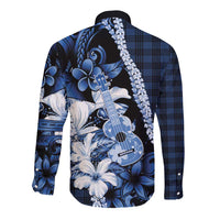 Hawaii Ukulele Long Sleeve Button Shirt Tropical Flowers With Palaka Effect Blue Version LT05 - Polynesian Pride
