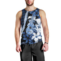 Hawaii Ukulele Men Tank Top Tropical Flowers With Palaka Effect Blue Version LT05 - Polynesian Pride