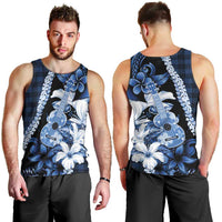 Hawaii Ukulele Men Tank Top Tropical Flowers With Palaka Effect Blue Version LT05 - Polynesian Pride