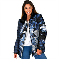 Hawaii Ukulele Padded Jacket Tropical Flowers With Palaka Effect Blue Version LT05 Women Blue - Polynesian Pride