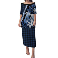 Hawaii Ukulele Puletasi Tropical Flowers With Palaka Effect Blue Version LT05 Long Dress Blue - Polynesian Pride
