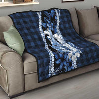 Hawaii Ukulele Quilt Tropical Flowers With Palaka Effect Blue Version - Polynesian Pride