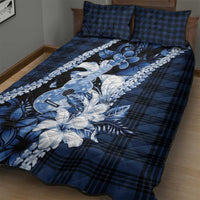 Hawaii Ukulele Quilt Bed Set Tropical Flowers With Palaka Effect Blue Version - Polynesian Pride