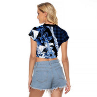 Hawaii Ukulele Raglan Cropped T Shirt Tropical Flowers With Palaka Effect Blue Version LT05 - Polynesian Pride