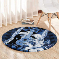 Hawaii Ukulele Round Carpet Tropical Flowers With Palaka Effect Blue Version - Polynesian Pride