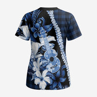 Hawaii Ukulele Scrub Top Tropical Flowers With Palaka Effect Blue Version LT05 - Polynesian Pride