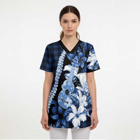 Hawaii Ukulele Scrub Top Tropical Flowers With Palaka Effect Blue Version LT05 - Polynesian Pride