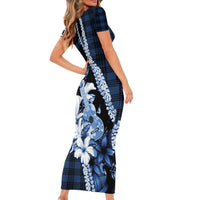 Hawaii Ukulele Short Sleeve Bodycon Dress Tropical Flowers With Palaka Effect Blue Version LT05 - Polynesian Pride