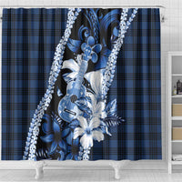 Hawaii Ukulele Shower Curtain Tropical Flowers With Palaka Effect Blue Version - Polynesian Pride