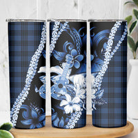 Hawaii Ukulele Skinny Tumbler Tropical Flowers With Palaka Effect Blue Version - Polynesian Pride