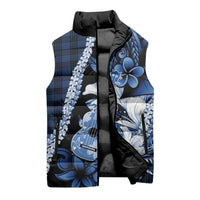 Hawaii Ukulele Sleeveless Puffer Jacket Tropical Flowers With Palaka Effect Blue Version LT05 - Polynesian Pride