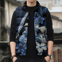 Hawaii Ukulele Sleeveless Puffer Jacket Tropical Flowers With Palaka Effect Blue Version LT05 - Polynesian Pride