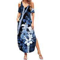 Hawaii Ukulele Summer Maxi Dress Tropical Flowers With Palaka Effect Blue Version LT05 Women Blue - Polynesian Pride