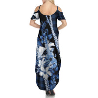 Hawaii Ukulele Summer Maxi Dress Tropical Flowers With Palaka Effect Blue Version LT05 - Polynesian Pride