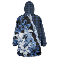 Hawaii Ukulele Wearable Blanket Hoodie Tropical Flowers With Palaka Effect Blue Version LT05 - Polynesian Pride