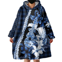 Hawaii Ukulele Wearable Blanket Hoodie Tropical Flowers With Palaka Effect Blue Version LT05 - Polynesian Pride