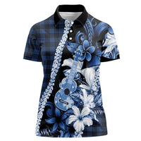 Hawaii Ukulele Women Polo Shirt Tropical Flowers With Palaka Effect Blue Version LT05 Female Blue - Polynesian Pride