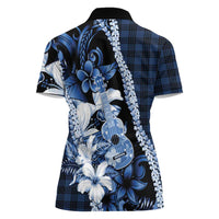 Hawaii Ukulele Women Polo Shirt Tropical Flowers With Palaka Effect Blue Version LT05 - Polynesian Pride