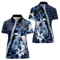 Hawaii Ukulele Women Polo Shirt Tropical Flowers With Palaka Effect Blue Version LT05 - Polynesian Pride