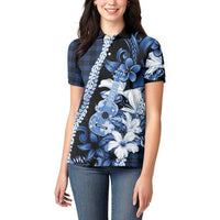 Hawaii Ukulele Women Polo Shirt Tropical Flowers With Palaka Effect Blue Version LT05 - Polynesian Pride