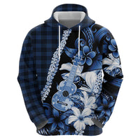 Hawaii Ukulele Zip Hoodie Tropical Flowers With Palaka Effect Blue Version LT05 - Polynesian Pride