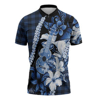 Hawaii Ukulele Zipper Polo Shirt Tropical Flowers With Palaka Effect Blue Version LT05 Blue - Polynesian Pride
